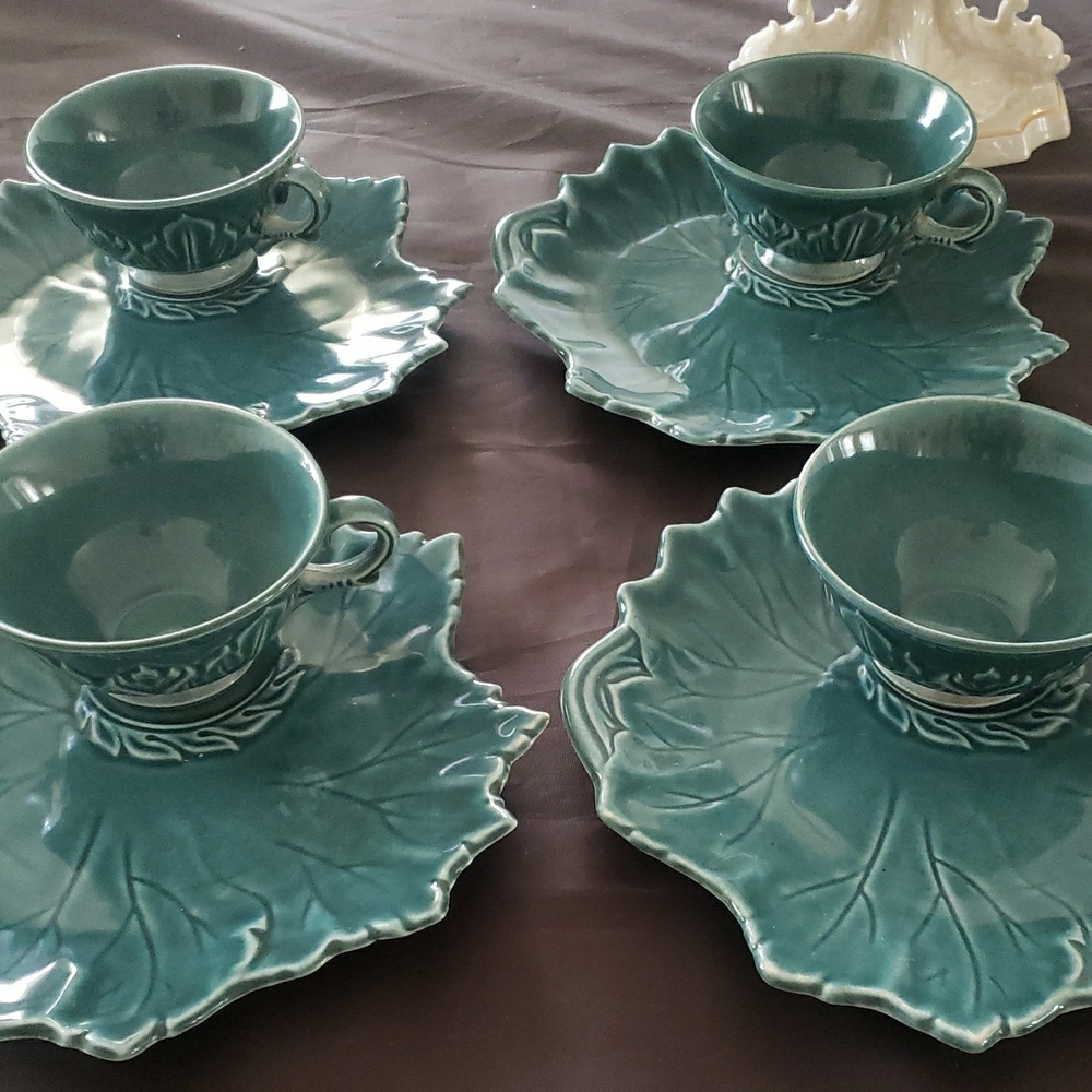 Vintage Steuben Elegant Teal Leaf-Shaped Cup and Saucer Set